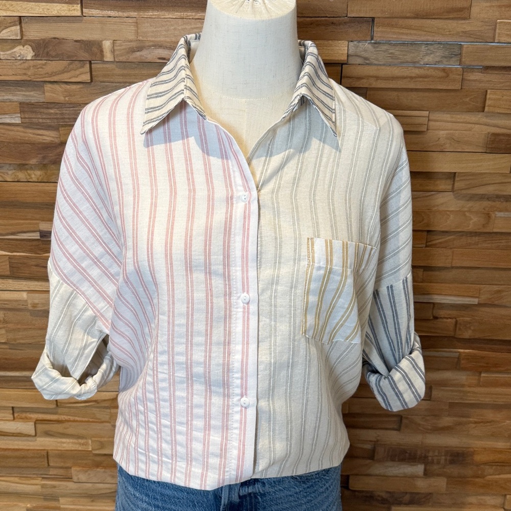 inmod | Multicolor Pastel Striped | Boyfriend Button-Down Shirt | Size S